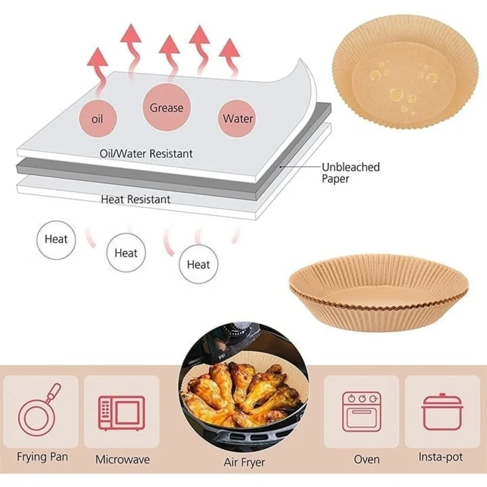 100pcs Air Fryer Paper Liners Oil-proof Parchment Sheets for XL Cookers round 8